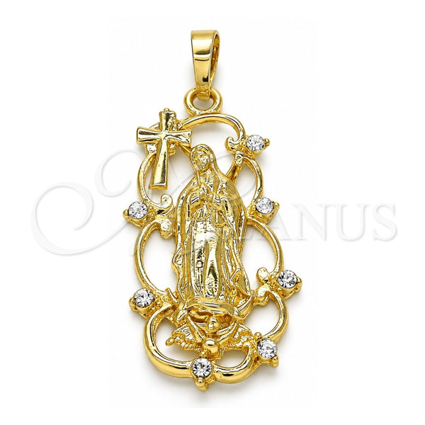 Dije Religioso 05.213.0058 Oro Laminado, Diseño de Guadalupe y Cruz, con Blanca Zirconia Cubica, Pulido, Tono Dorado