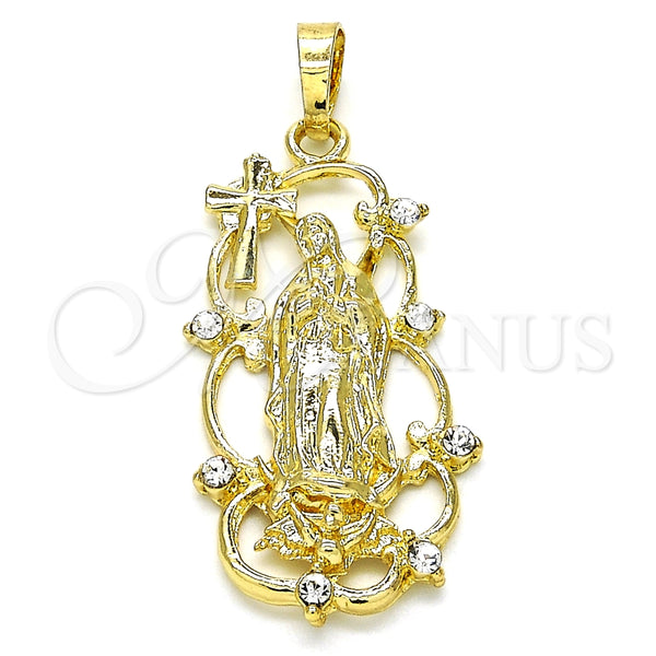 Dije Religioso 05.213.0058 Oro Laminado, Diseño de Guadalupe y Cruz, con Blanca Zirconia Cubica, Pulido, Tono Dorado