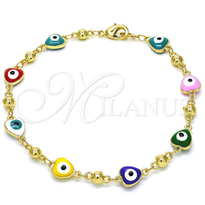 Pulsera Elegante 03.213.0037.3.08 Oro Laminado, Diseño de Ojo Griego y Corazón, Esmaltado Multicolor, Tono Dorado (08 MM Thickness, 8 Inches Length)