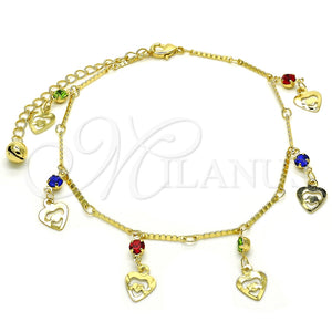 Tobillera de Dije 03.213.0074.10 Oro Laminado, Diseño de Corazón y Cascavel, con Multicolor Cristal, Pulido, Tono Dorado (01 MM Thickness, 10 Inches Length)