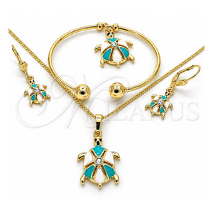 Collar, Pulsera, Dije y Anillo 10.63.0589.1 Oro Laminado, Diseño de Tortuga, con Cristal Blanca, Esmaltado Turquesa, Tono Dorado