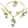 Collar, Pulsera, Dije y Anillo 10.63.0590.1 Oro Laminado, Diseño de Delfín, con Cristal Blanca, Esmaltado Azul, Tono Dorado