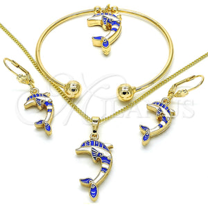 Collar, Pulsera, Dije y Anillo 10.63.0590.1 Oro Laminado, Diseño de Delfín, con Blanca Cristal, Esmaltado Azul, Tono Dorado