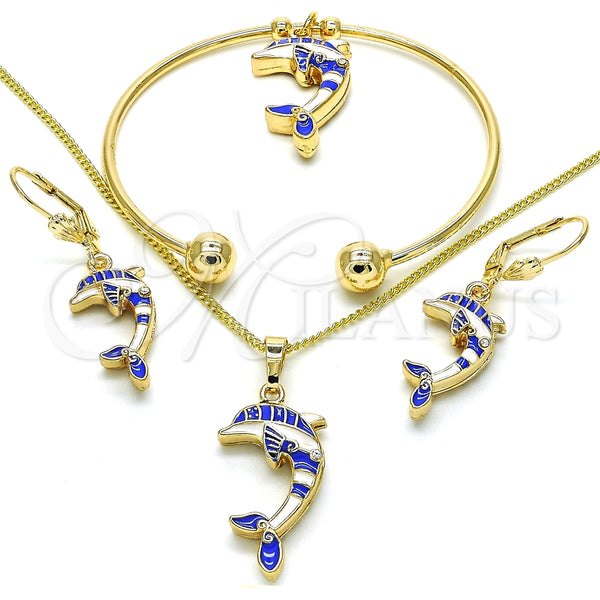 Collar, Pulsera, Dije y Anillo 10.63.0590.1 Oro Laminado, Diseño de Delfín, con Blanca Cristal, Esmaltado Azul, Tono Dorado
