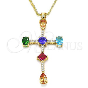 Collares con Dije 04.210.0032.18 Oro Laminado, Diseño de Cruz y Gota, con Multicolor Zirconia Cubica, Pulido, Tono Dorado (01 MM Thickness, 18 Inches Length)