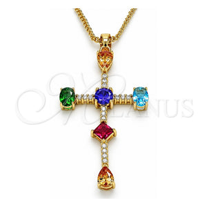 Collares con Dije 04.210.0032.18 Oro Laminado, Diseño de Cruz y Gota, con Multicolor Zirconia Cubica, Pulido, Tono Dorado (01 MM Thickness, 18 Inches Length)