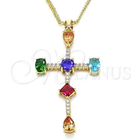 Collares con Dije 04.210.0032.18 Oro Laminado, Diseño de Cruz y Gota, con Multicolor Zirconia Cubica, Pulido, Tono Dorado (01 MM Thickness, 18 Inches Length)