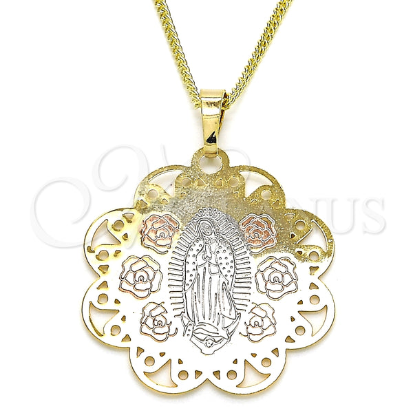 Collares con Dije 04.106.0048.20 Oro Laminado, Diseño de Guadalupe y Flor, Pulido, Tres Tonos (02 MM Thickness, 20 Inches Length)