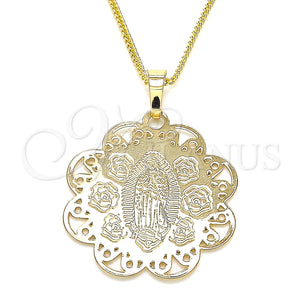 Collares con Dije 04.106.0048.1.20 Oro Laminado, Diseño de Guadalupe y Flor, Pulido, Tono Dorado (02 MM Thickness, 20 Inches Length)