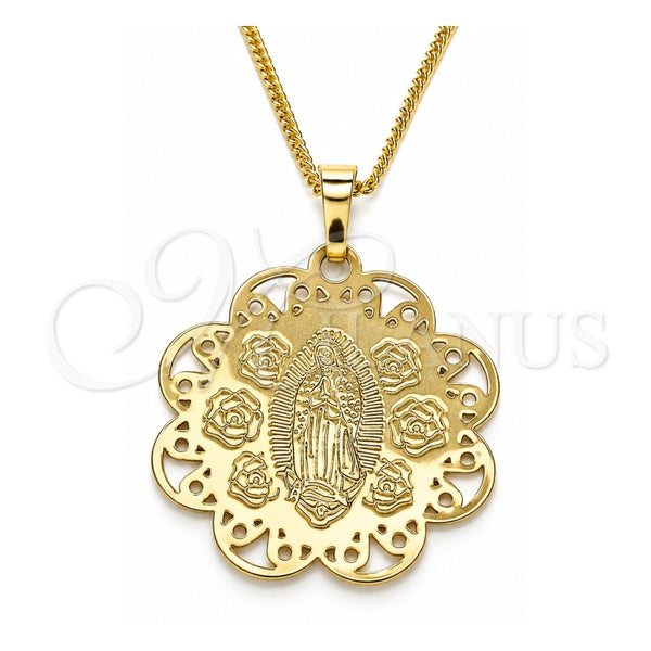 Collares con Dije 04.106.0048.1.20 Oro Laminado, Diseño de Guadalupe y Flor, Pulido, Tono Dorado (02 MM Thickness, 20 Inches Length)
