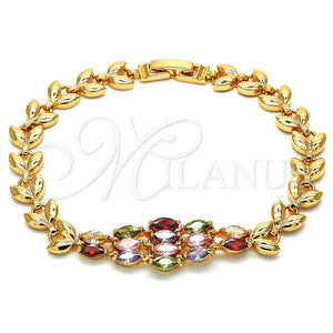 Pulsera Elegante 03.323.0006.08 Oro Laminado, Diseño de Oja, con Multicolor Zirconia Cubica, Pulido, Tono Dorado (08 MM Thickness, 8 Inches Length)