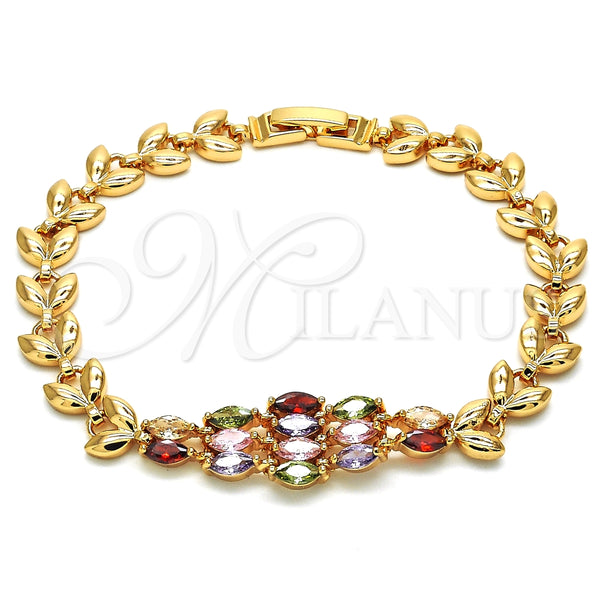 Pulsera Elegante 03.323.0006.08 Oro Laminado, Diseño de Oja, con Multicolor Zirconia Cubica, Pulido, Tono Dorado (08 MM Thickness, 8 Inches Length)