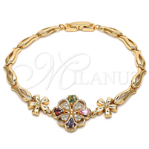 Pulsera Elegante 03.323.0008.08 Oro Laminado, Diseño de Flor y Pescado, con Multicolor Zirconia Cubica, Pulido, Tono Dorado (05 MM Thickness, 8 Inches Length)