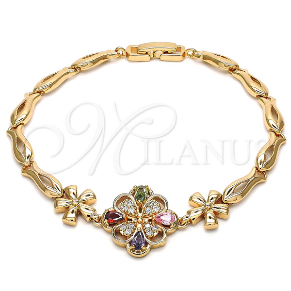 Pulsera Elegante 03.323.0008.08 Oro Laminado, Diseño de Flor y Pescado, con Multicolor Zirconia Cubica, Pulido, Tono Dorado (05 MM Thickness, 8 Inches Length)