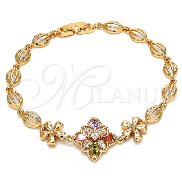 Pulsera Elegante 03.323.0010.08 Oro Laminado, Diseño de Flor, con Multicolor Zirconia Cubica, Pulido, Tono Dorado (06 MM Thickness, 8 Inches Length)