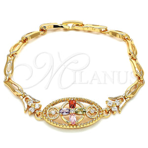 Pulsera Elegante 03.323.0011.07 Oro Laminado, Diseño de Flor y Pescado, con Multicolor Zirconia Cubica, Pulido, Tono Dorado (05 MM Thickness, 7 Inches Length)