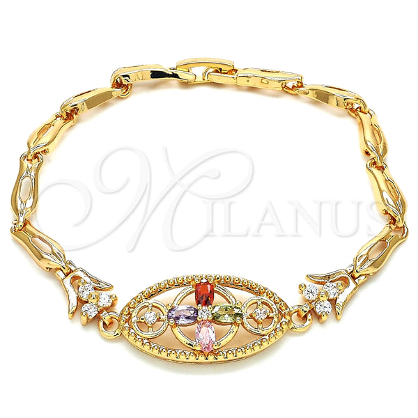 Pulsera Elegante 03.323.0011.07 Oro Laminado, Diseño de Flor y Pescado, con Multicolor Zirconia Cubica, Pulido, Tono Dorado (05 MM Thickness, 7 Inches Length)