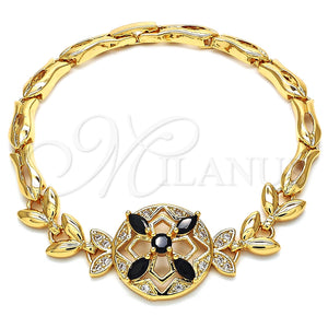 Pulsera Elegante 03.266.0029.1.07 Oro Laminado, Diseño de Flor y Pescado, con Negro and Blanca Zirconia Cubica, Pulido, Tono Dorado (05 MM Thickness, 7 Inches Length)