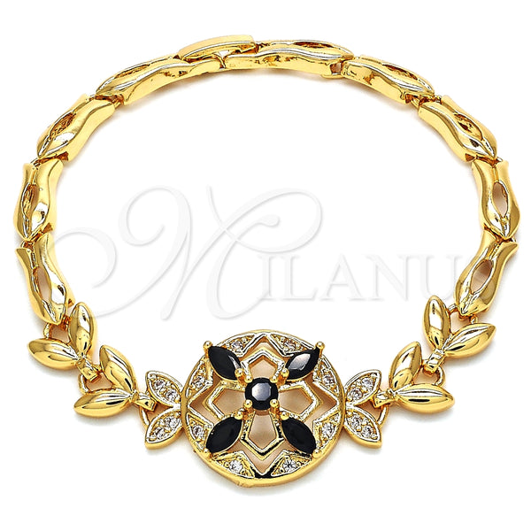 Pulsera Elegante 03.266.0029.1.07 Oro Laminado, Diseño de Flor y Pescado, con Negro and Blanca Zirconia Cubica, Pulido, Tono Dorado (05 MM Thickness, 7 Inches Length)