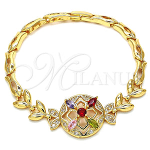 Pulsera Elegante 03.266.0029.2.07 Oro Laminado, Diseño de Flor y Pescado, con Multicolor Zirconia Cubica, Pulido, Tono Dorado (05 MM Thickness, 7 Inches Length)
