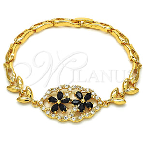 Pulsera Elegante 03.266.0032.1.08 Oro Laminado, Diseño de Flor y Pescado, con Negro and Blanca Zirconia Cubica, Pulido, Tono Dorado (05 MM Thickness, 8 Inches Length)