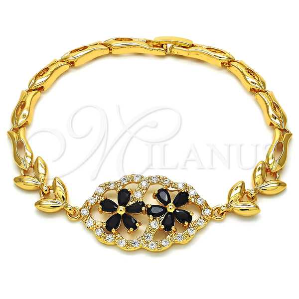 Pulsera Elegante 03.266.0032.1.08 Oro Laminado, Diseño de Flor y Pescado, con Negro and Blanca Zirconia Cubica, Pulido, Tono Dorado (05 MM Thickness, 8 Inches Length)