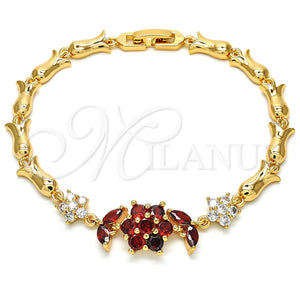 Pulsera Elegante 03.210.0094.08 Oro Laminado, Diseño de Flor y Oja, con Granate and Blanca Zirconia Cubica, Pulido, Tono Dorado (07 MM Thickness, 8 Inches Length)