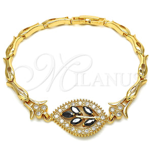 Pulsera Elegante 03.210.0095.08 Oro Laminado, Diseño de Oja y Pescado, con Negro and Blanca Zirconia Cubica, Pulido, Tono Dorado (05 MM Thickness, 8 Inches Length)