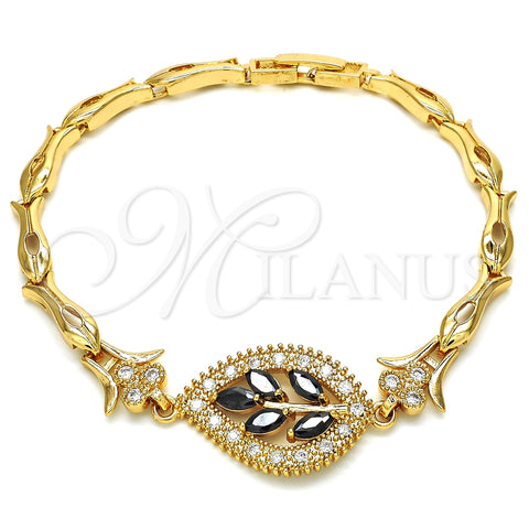 Pulsera Elegante 03.210.0095.08 Oro Laminado, Diseño de Oja y Pescado, con Negro and Blanca Zirconia Cubica, Pulido, Tono Dorado (05 MM Thickness, 8 Inches Length)