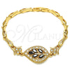Pulsera Elegante 03.210.0095.08 Oro Laminado, Diseño de Oja y Pescado, con Negro and Blanca Zirconia Cubica, Pulido, Tono Dorado (05 MM Thickness, 8 Inches Length)