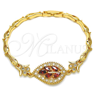 Pulsera Elegante 03.210.0095.1.08 Oro Laminado, Diseño de Oja y Pescado, con Granate and Blanca Zirconia Cubica, Pulido, Tono Dorado (05 MM Thickness, 8 Inches Length)