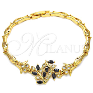 Pulsera Elegante 03.210.0097.08 Oro Laminado, Diseño de Oja y Pescado, con Negro and Blanca Zirconia Cubica, Pulido, Tono Dorado (05 MM Thickness, 8 Inches Length)