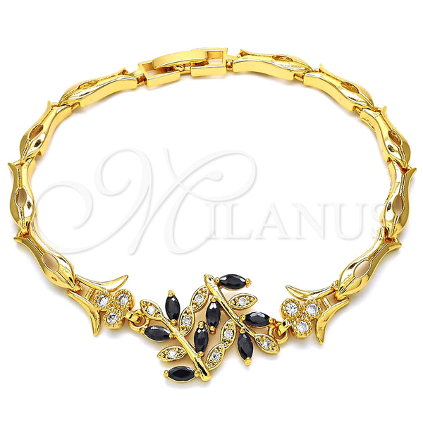 Pulsera Elegante 03.210.0097.08 Oro Laminado, Diseño de Oja y Pescado, con Negro and Blanca Zirconia Cubica, Pulido, Tono Dorado (05 MM Thickness, 8 Inches Length)