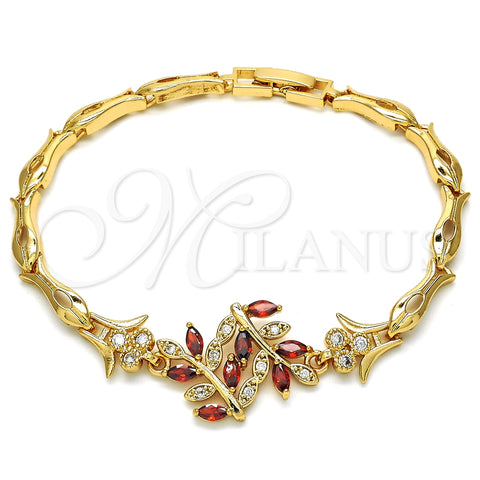 Pulsera Elegante 03.210.0097.1.08 Oro Laminado, Diseño de Oja y Pescado, con Granate and Blanca Zirconia Cubica, Pulido, Tono Dorado (05 MM Thickness, 8 Inches Length)