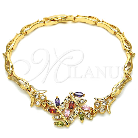 Pulsera Elegante 03.210.0097.2.08 Oro Laminado, Diseño de Oja y Pescado, con Multicolor Zirconia Cubica, Pulido, Tono Dorado (05 MM Thickness, 8 Inches Length)