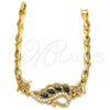 Pulsera Elegante 03.210.0104.07 Oro Laminado, Diseño de Pavo Real y Pescado, con Negro and Blanca Zirconia Cubica, Pulido, Tono Dorado (05 MM Thickness, 7 Inches Length)