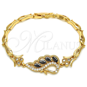 Pulsera Elegante 03.210.0104.07 Oro Laminado, Diseño de Pavo Real y Pescado, con Negro and Blanca Zirconia Cubica, Pulido, Tono Dorado (05 MM Thickness, 7 Inches Length)