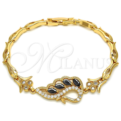 Pulsera Elegante 03.210.0104.07 Oro Laminado, Diseño de Pavo Real y Pescado, con Negro and Blanca Zirconia Cubica, Pulido, Tono Dorado (05 MM Thickness, 7 Inches Length)