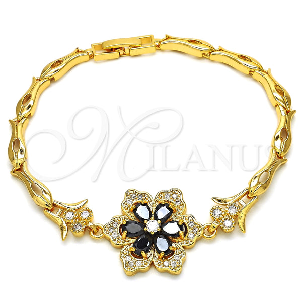 Pulsera Elegante 03.210.0105.08 Oro Laminado, Diseño de Flor y Pescado, con Negro and Blanca Zirconia Cubica, Pulido, Tono Dorado (05 MM Thickness, 8 Inches Length)