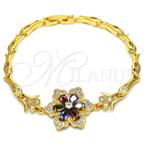 Pulsera Elegante 03.210.0105.1.08 Oro Laminado, Diseño de Flor y Pescado, con Multicolor Zirconia Cubica, Pulido, Tono Dorado (05 MM Thickness, 8 Inches Length)
