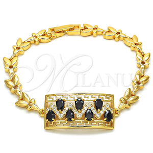 Pulsera Elegante 03.210.0109.07 Oro Laminado, Diseño de Llave Griega y Gota, con Negro and Blanca Zirconia Cubica, Pulido, Tono Dorado (07 MM Thickness, 7 Inches Length)
