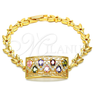 Pulsera Elegante 03.210.0109.2.07 Oro Laminado, Diseño de Llave Griega y Gota, con Multicolor Zirconia Cubica, Pulido, Tono Dorado (07 MM Thickness, 7 Inches Length)