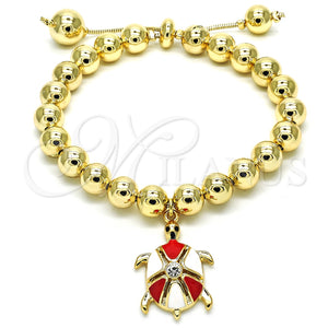 Pulsera Bolo Ajustable 03.63.2034.08 Oro Laminado, Diseño de Tortuga y Bola, con Blanca Cristal, Esmaltado Rojo, Tono Dorado (08 MM Thickness, 8 Inches Length)