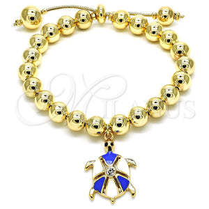 Pulsera Bolo Ajustable 03.63.2034.1.08 Oro Laminado, Diseño de Tortuga y Bola, con Blanca Cristal, Esmaltado Azul, Tono Dorado (08 MM Thickness, 8 Inches Length)