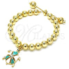 Pulsera Bolo Ajustable 03.63.2034.3.08 Oro Laminado, Diseño de Tortuga y Bola, con Blanca Cristal, Esmaltado Turquesa, Tono Dorado (08 MM Thickness, 8 Inches Length)