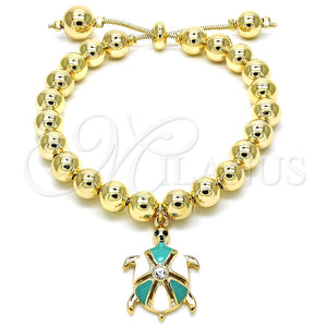 Pulsera Bolo Ajustable 03.63.2034.3.08 Oro Laminado, Diseño de Tortuga y Bola, con Blanca Cristal, Esmaltado Turquesa, Tono Dorado (08 MM Thickness, 8 Inches Length)