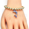 Pulsera Bolo Ajustable 03.63.2035.1.08 Oro Laminado, Diseño de Delfín y Bola, con Blanca Cristal, Esmaltado Azul, Tono Dorado (08 MM Thickness, 8 Inches Length)