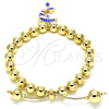 Pulsera Bolo Ajustable 03.63.2035.1.08 Oro Laminado, Diseño de Delfín y Bola, con Blanca Cristal, Esmaltado Azul, Tono Dorado (08 MM Thickness, 8 Inches Length)