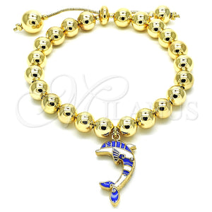 Pulsera Bolo Ajustable 03.63.2035.1.08 Oro Laminado, Diseño de Delfín y Bola, con Blanca Cristal, Esmaltado Azul, Tono Dorado (08 MM Thickness, 8 Inches Length)