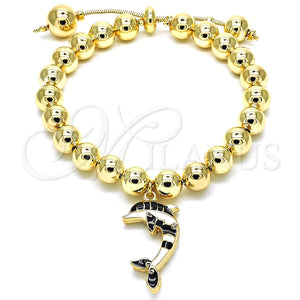 Pulsera Bolo Ajustable 03.63.2035.2.08 Oro Laminado, Diseño de Delfín y Bola, con Blanca Cristal, Esmaltado Negro, Tono Dorado (08 MM Thickness, 8 Inches Length)